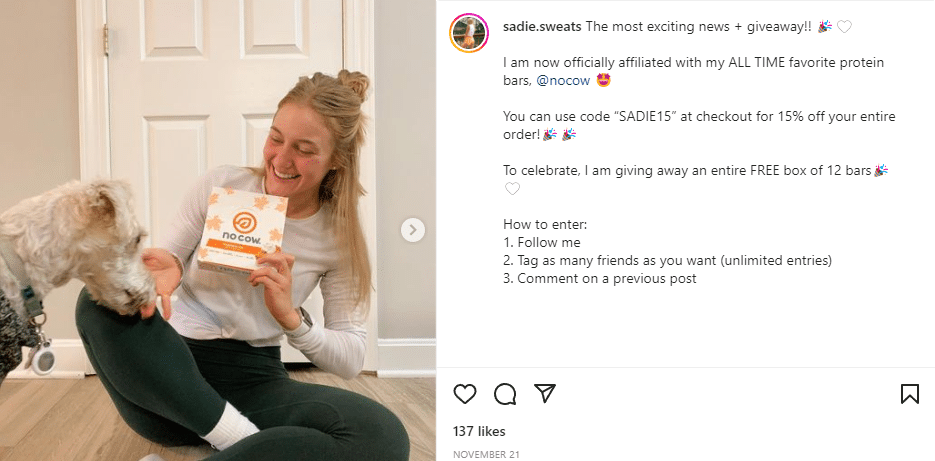 An influencer promoting protein bars on Instagram through their unique affiliate code