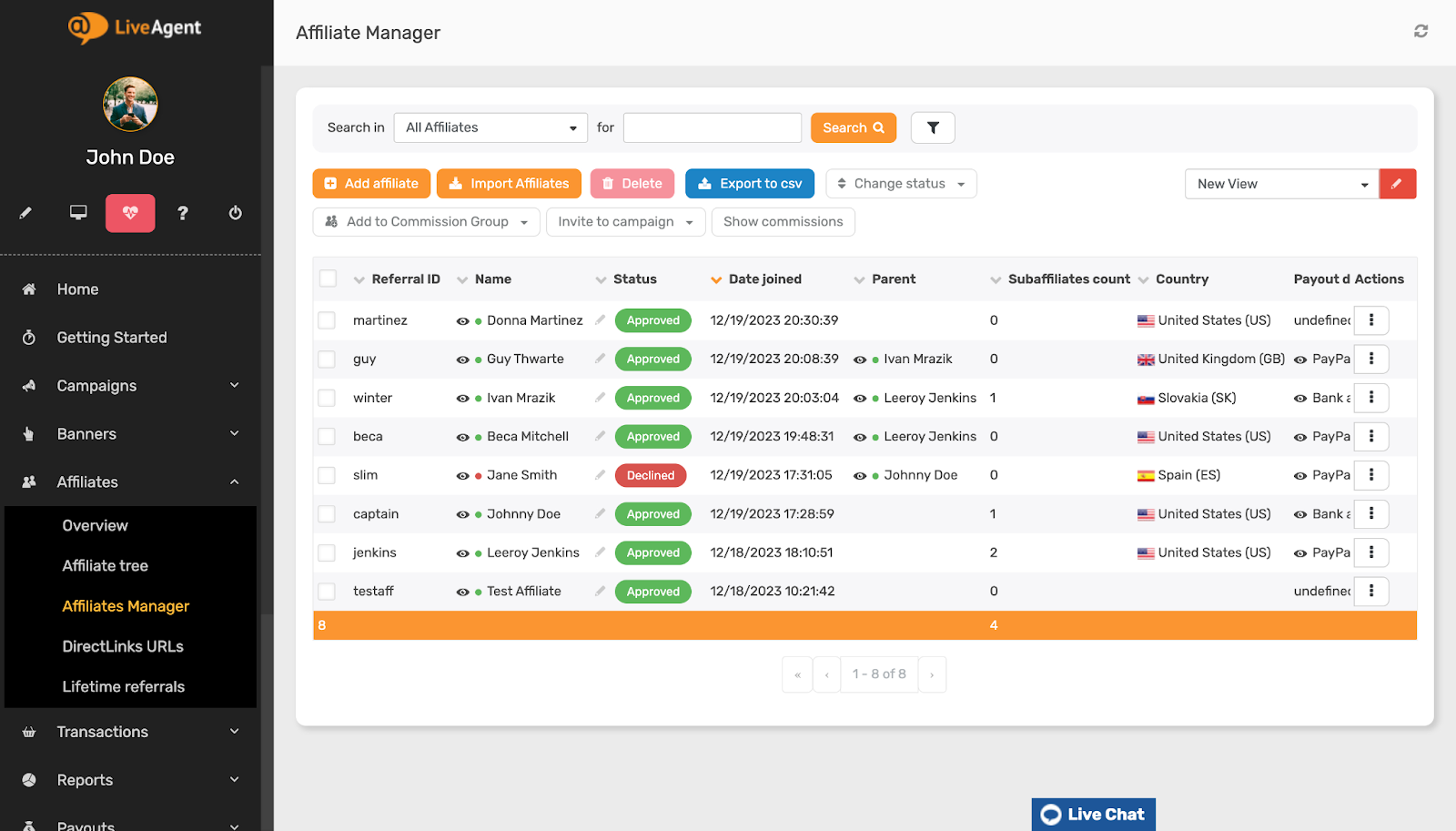 Screenshot of the Affiliate Manager in Post Affiliate Pro - manage your affiliates and monitor their performance