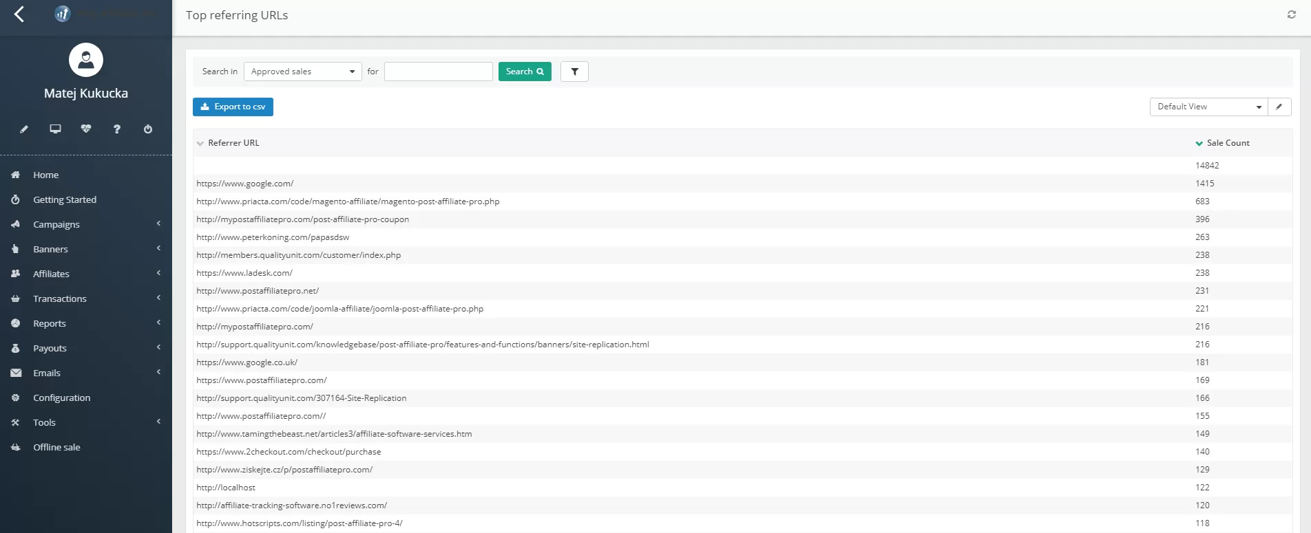 Screenshot of the Top URLs report in Post Affiliate Pro