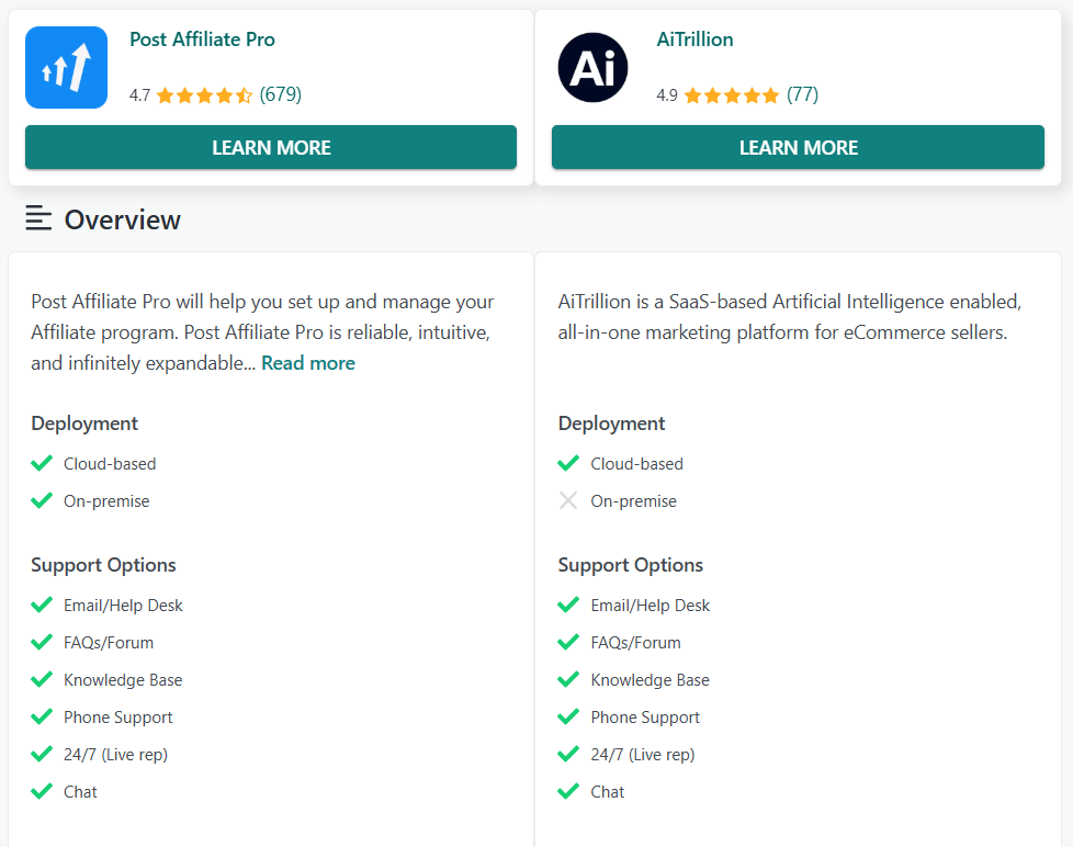 Post Affiliate Pro vs AiTrillion comparison of features on GetApp