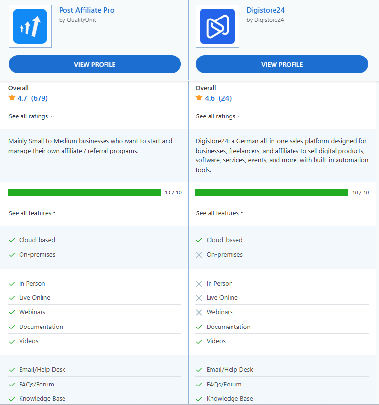Post Affiliate Pro vs Digistore24 comparison of features.