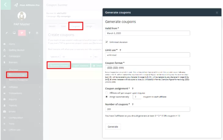 Screenshot of Post Affiliate Pro's coupon generation feature.