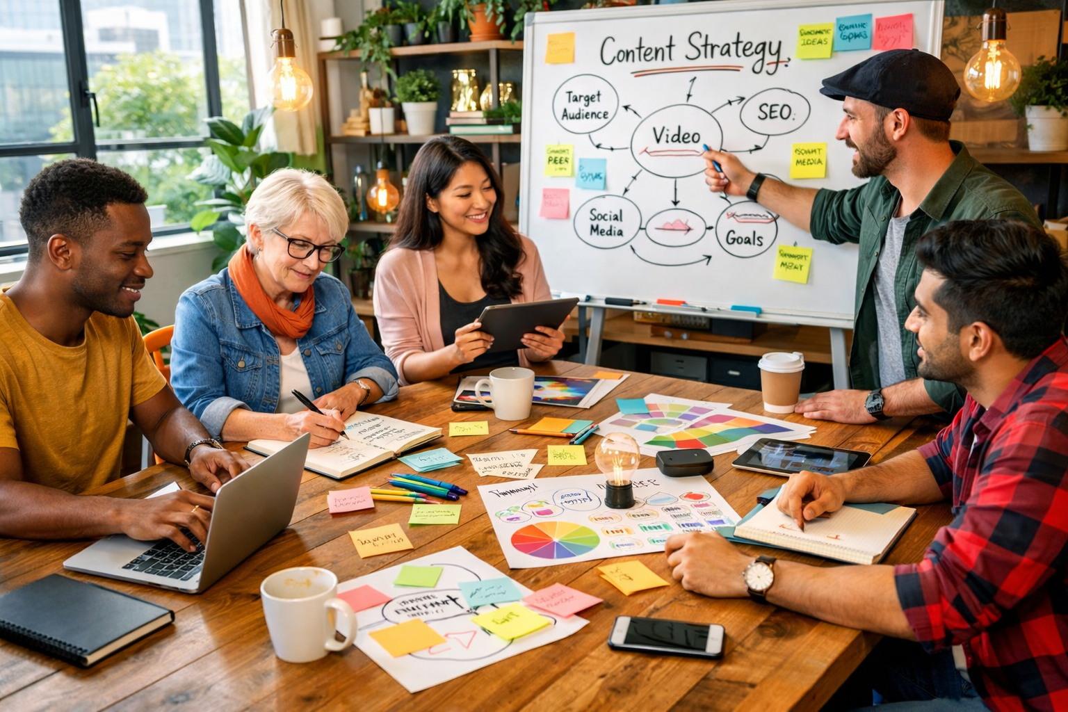 Diverse team of content creators collaborating in creative brainstorming session