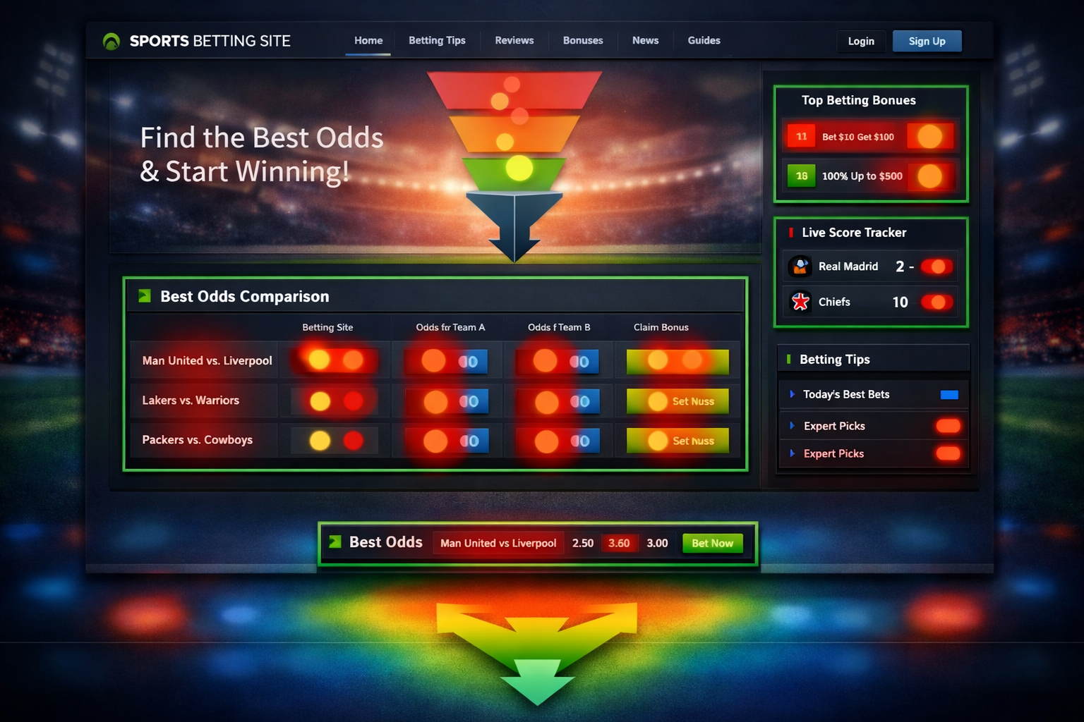 Website layout showing optimal odds widget placement and user engagement zones