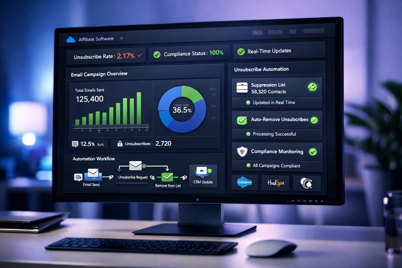 Affiliate software dashboard with unsubscribe automation