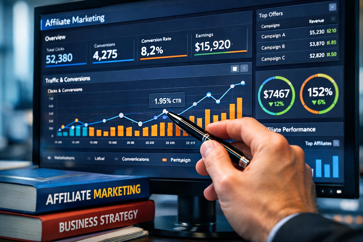 Affiliate marketing dashboard with performance metrics and analytics data