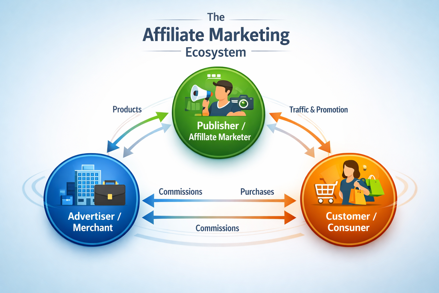 Three pillars of affiliate marketing ecosystem showing advertiser, publisher, and customer interconnected