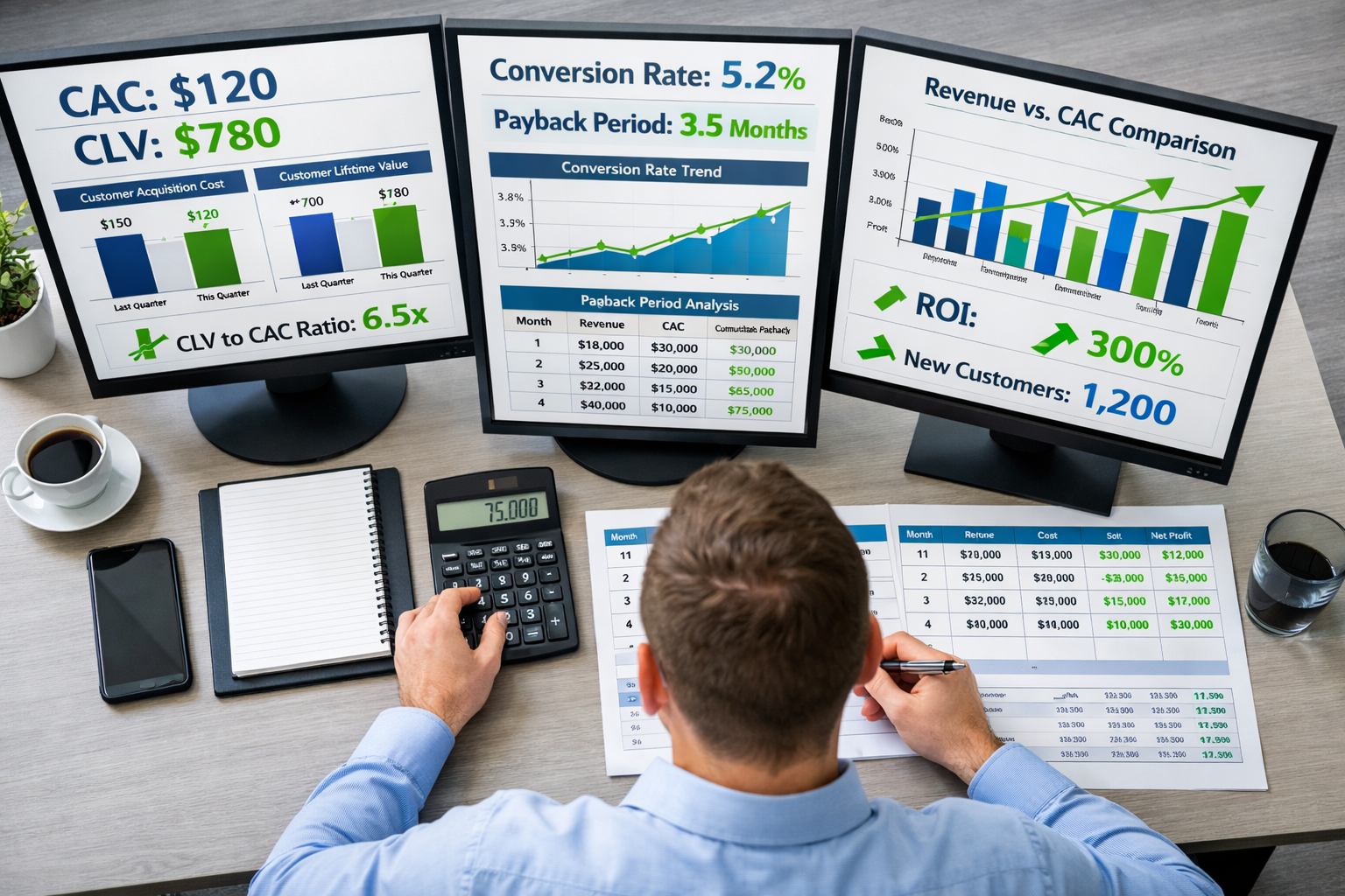 Data analyst reviewing customer acquisition metrics and analytics