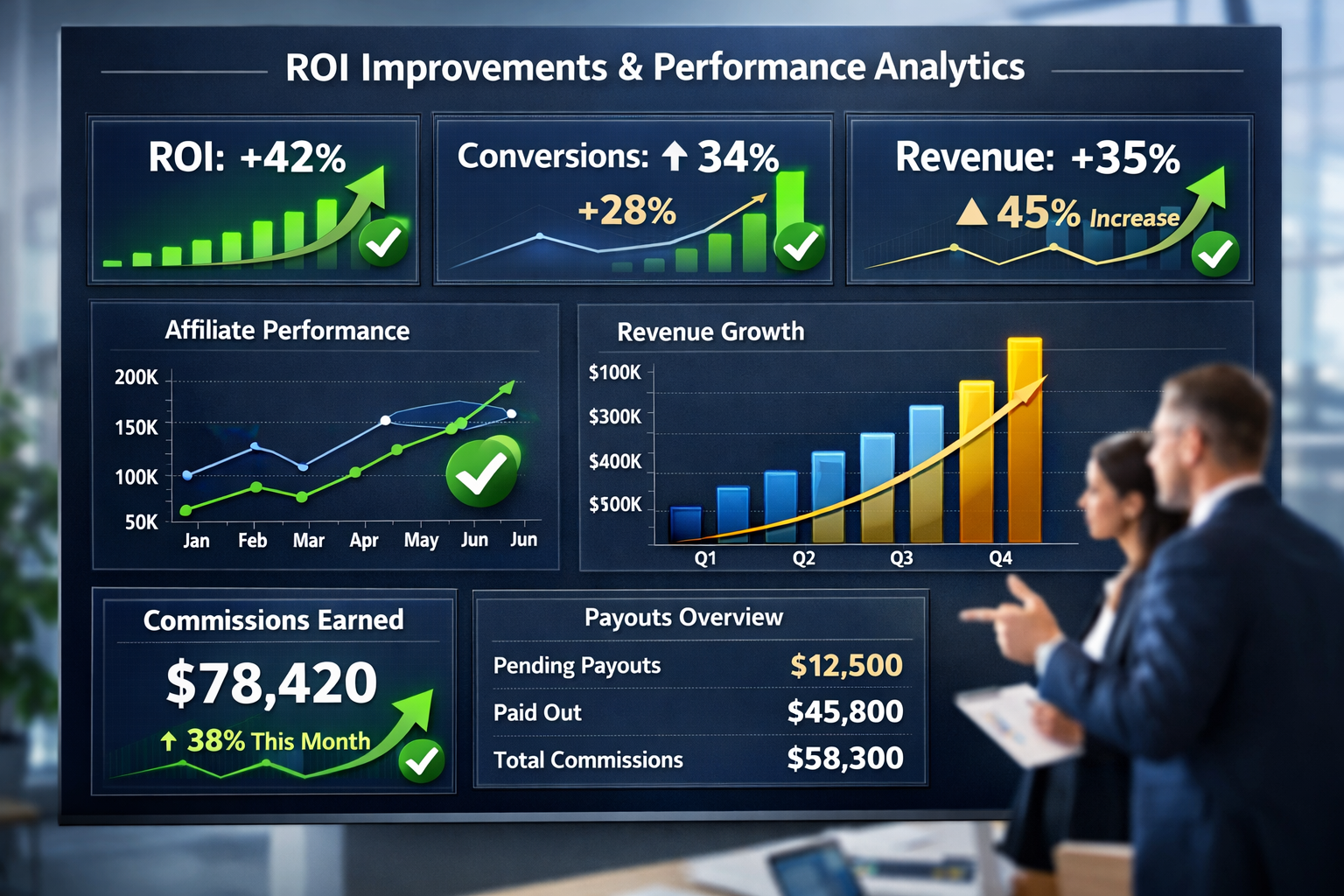 ROI metrics dashboard showing performance improvements and growth indicators