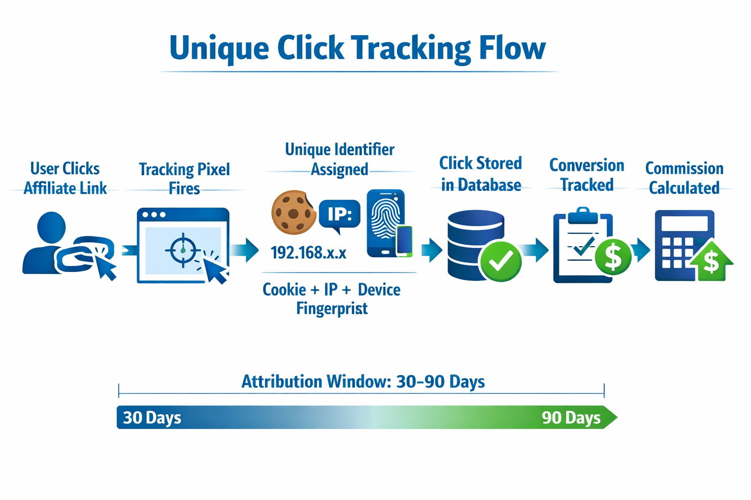 Technical diagram showing unique click tracking flow