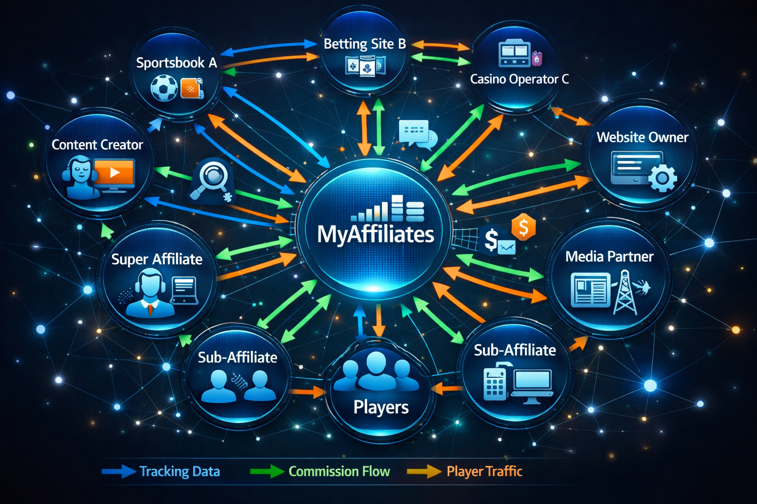 Network ecosystem visualization showing affiliate marketing connections and data flows