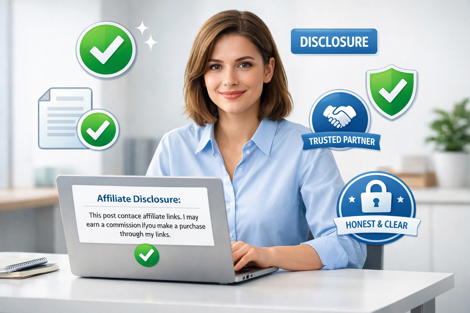 Transparent affiliate marketing disclosure concept with trust indicators