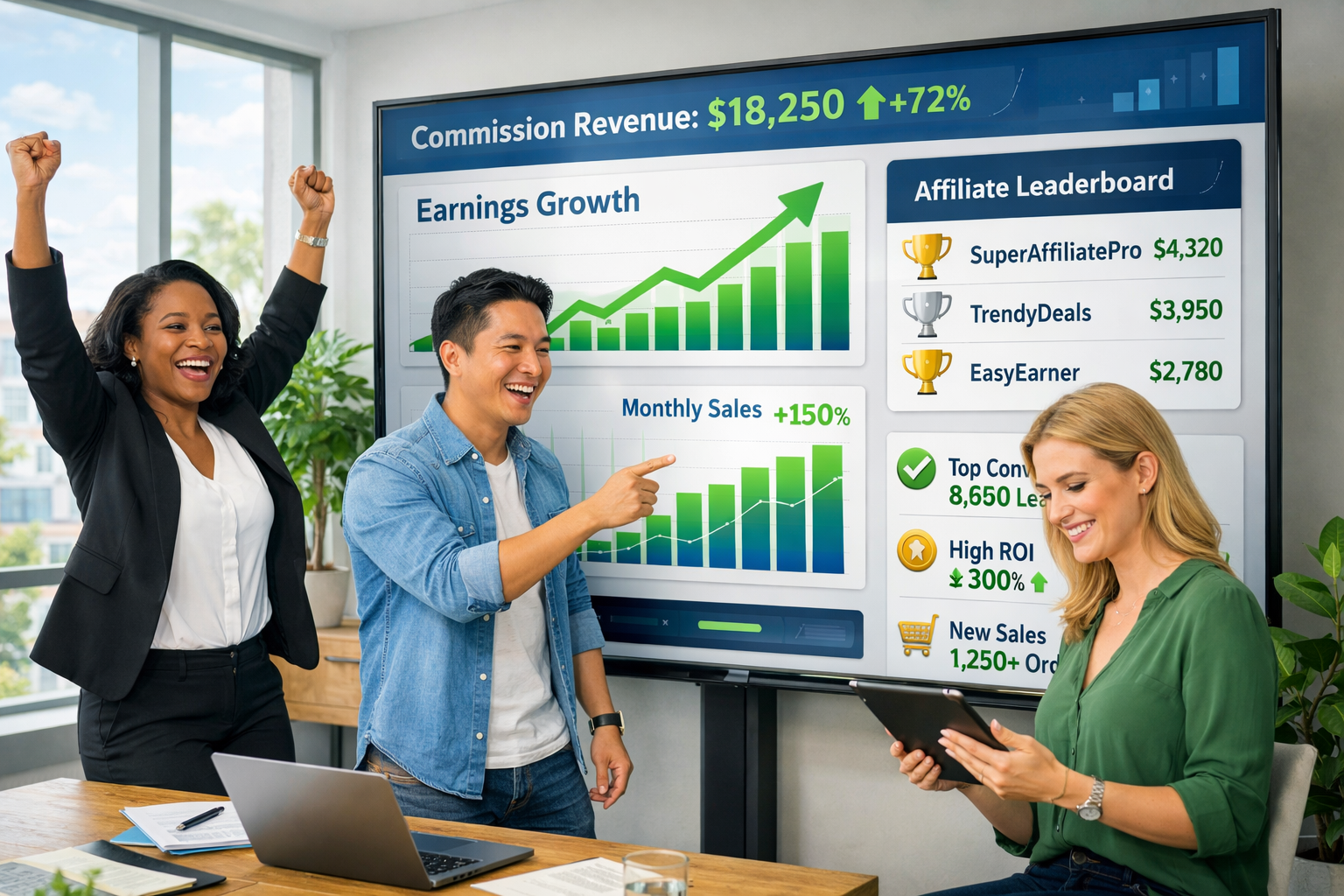 Successful affiliate marketing team celebrating growth with analytics dashboard