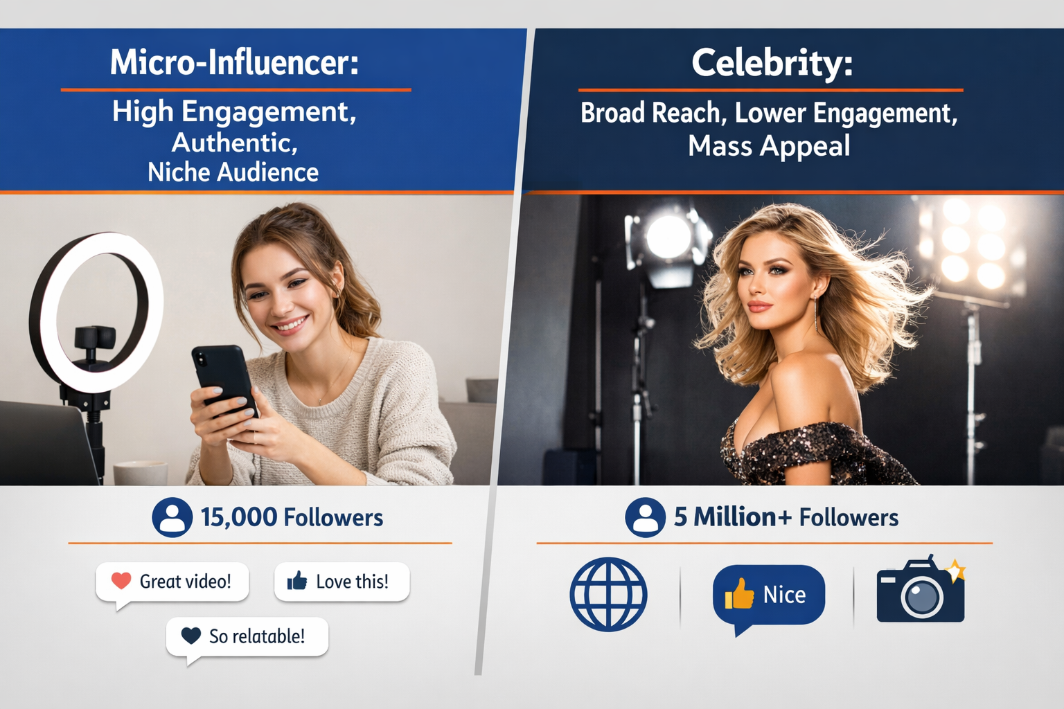 Comparison between micro-influencer and celebrity influencer showing engagement rates and audience relationship