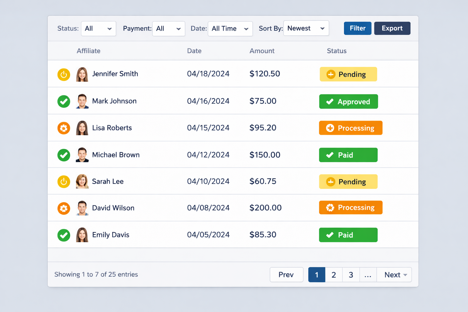 Commission status tracking interface with pending, approved, and paid indicators