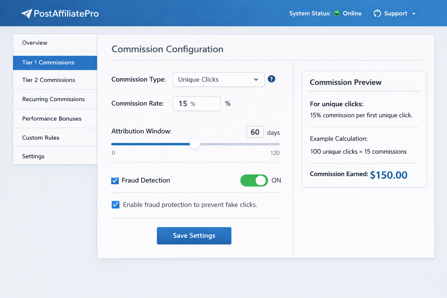 PostAffiliatePro dashboard showing unique click commission setup