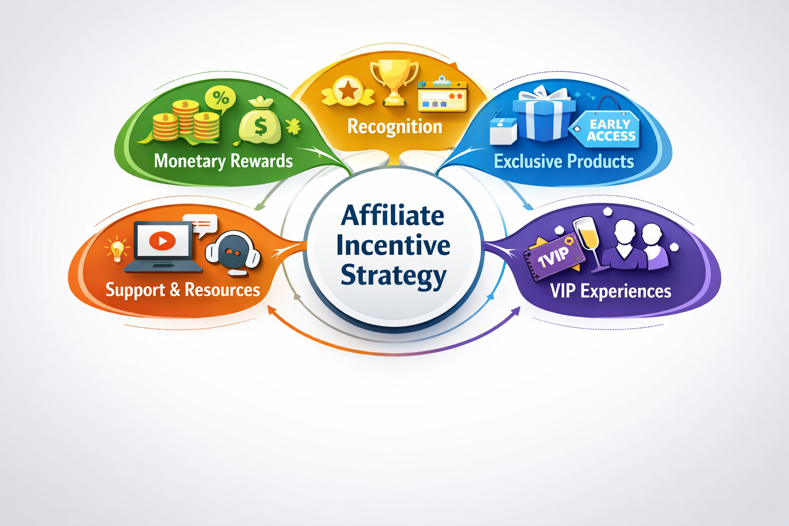 Integrated affiliate incentive strategy showing interconnected reward types including monetary rewards, recognition, exclusive products, VIP experiences, and support