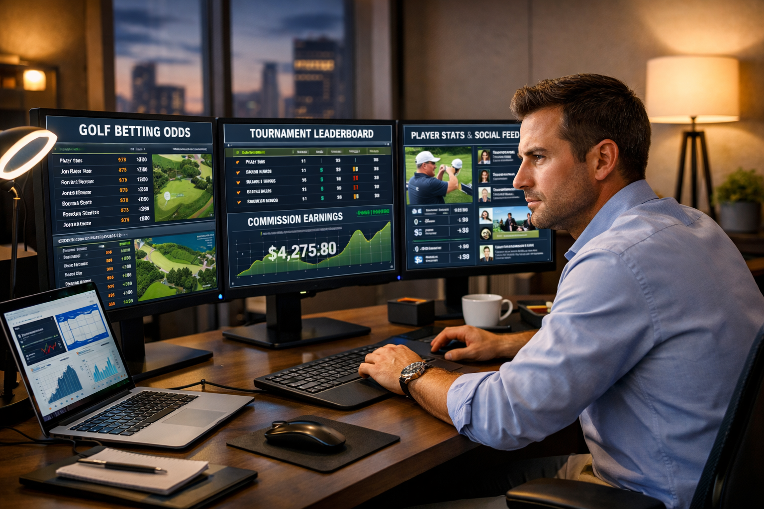 Affiliate marketer managing golf betting campaigns with multiple monitors
