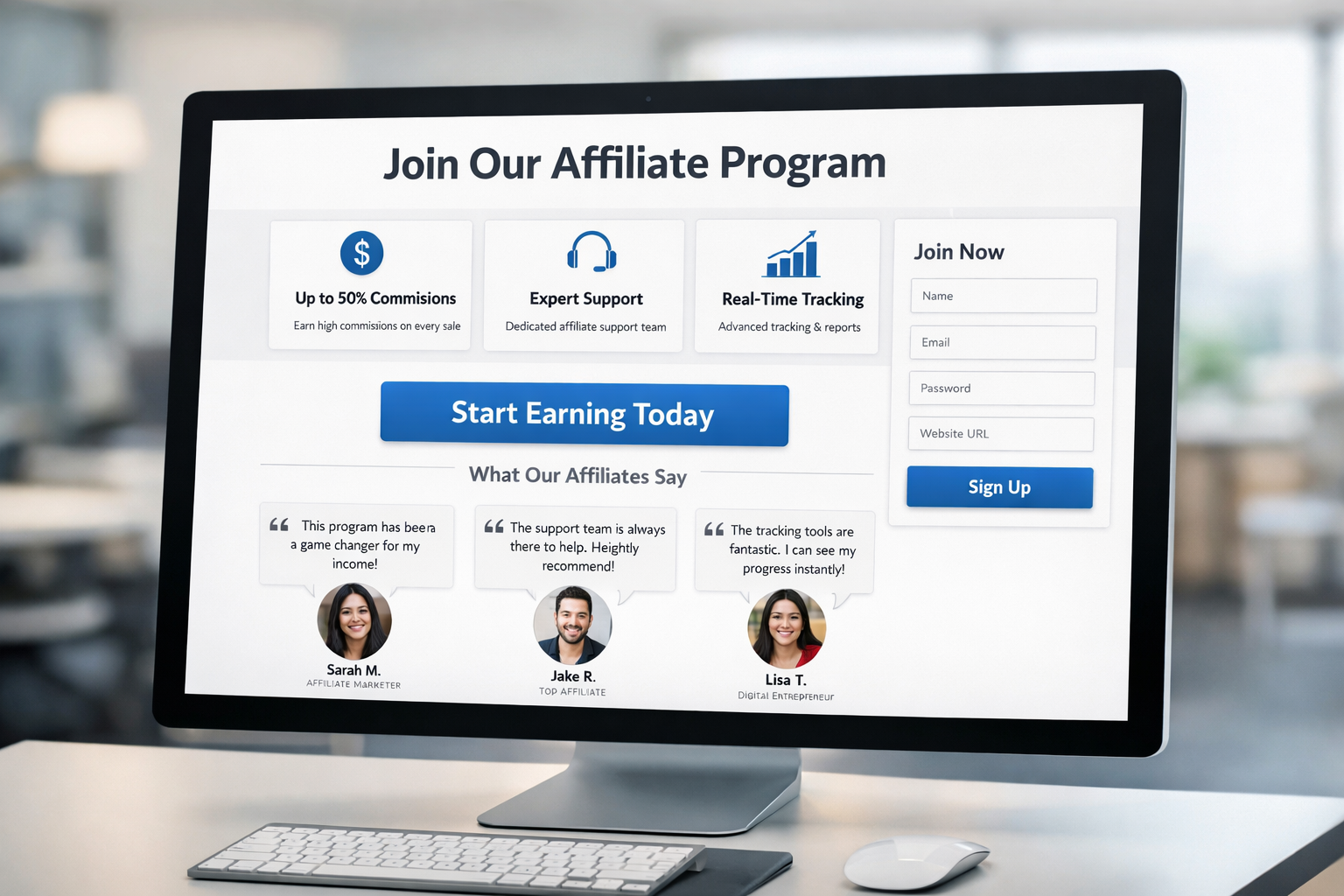 Clean modern affiliate landing page design with clear CTA and social proof elements