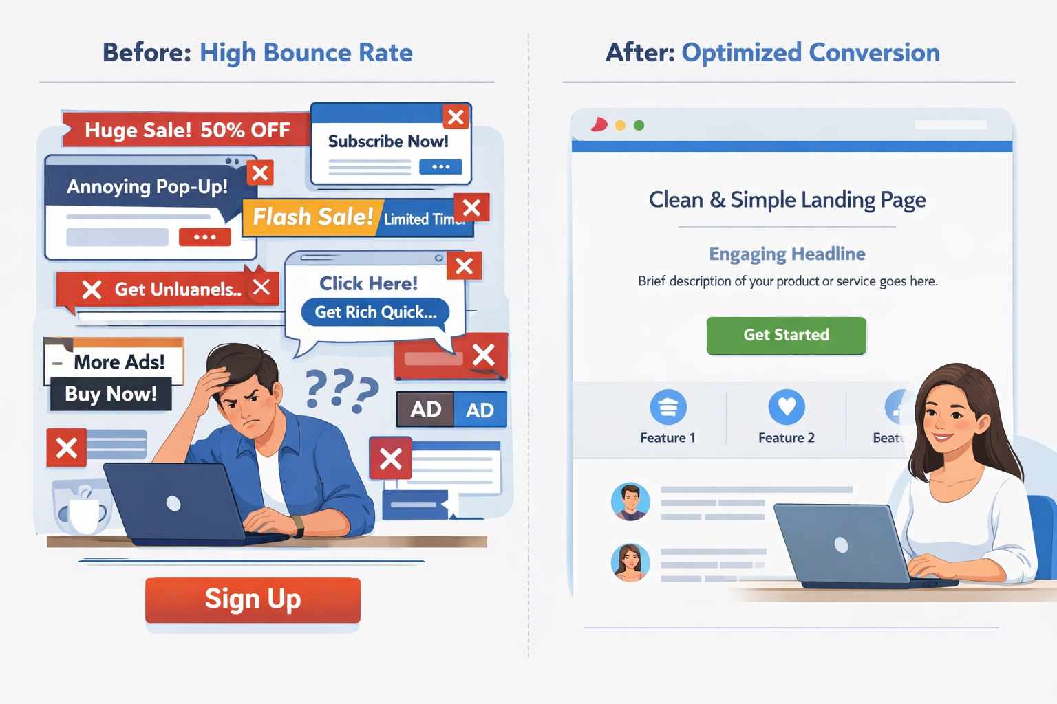 Comparison of cluttered vs clean landing page design