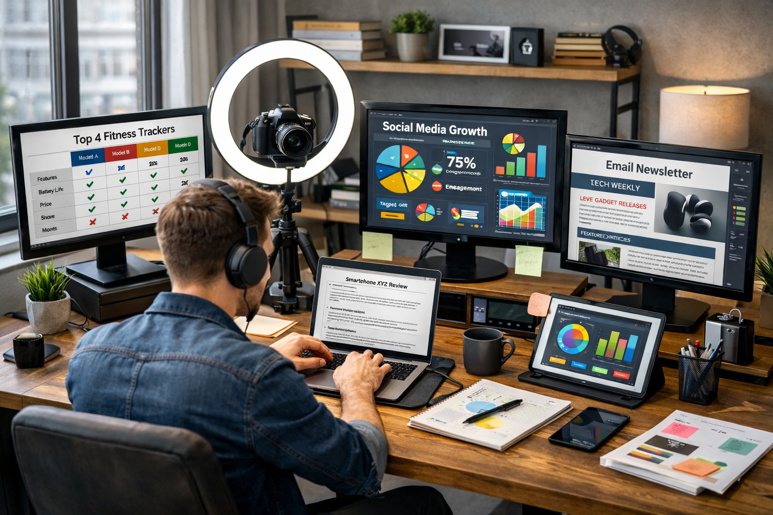 Content creator working on multiple content types including reviews, comparisons, and tutorials