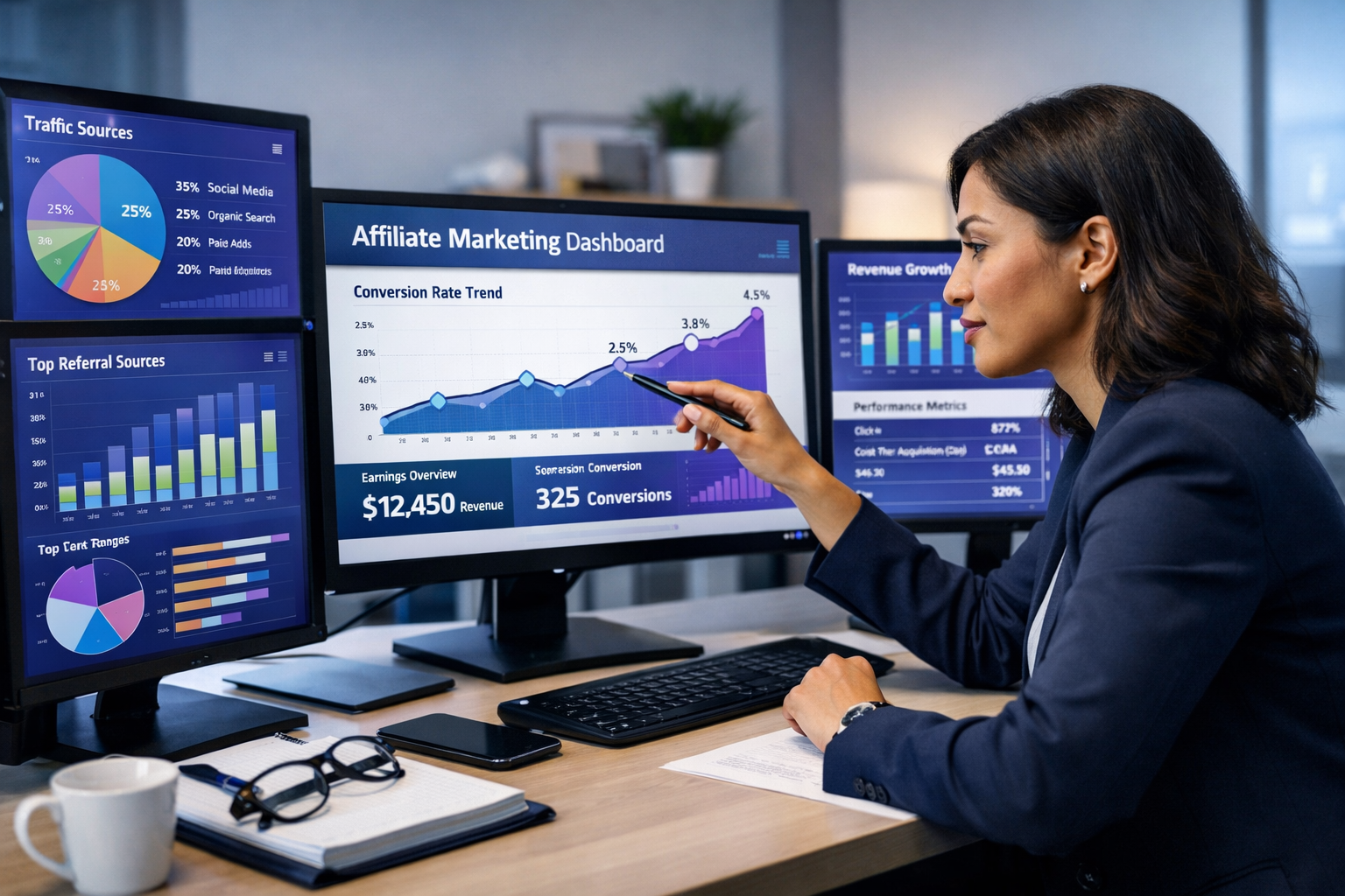 Professional analytics dashboard showing affiliate marketing metrics and performance data