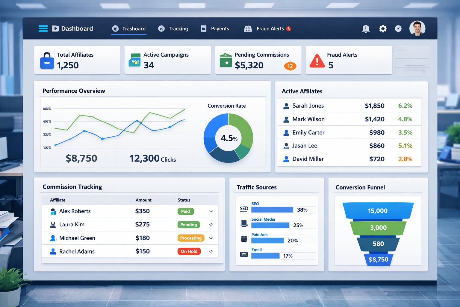 PostAffiliatePro affiliate management dashboard showing performance metrics, affiliate tracking, and commission management