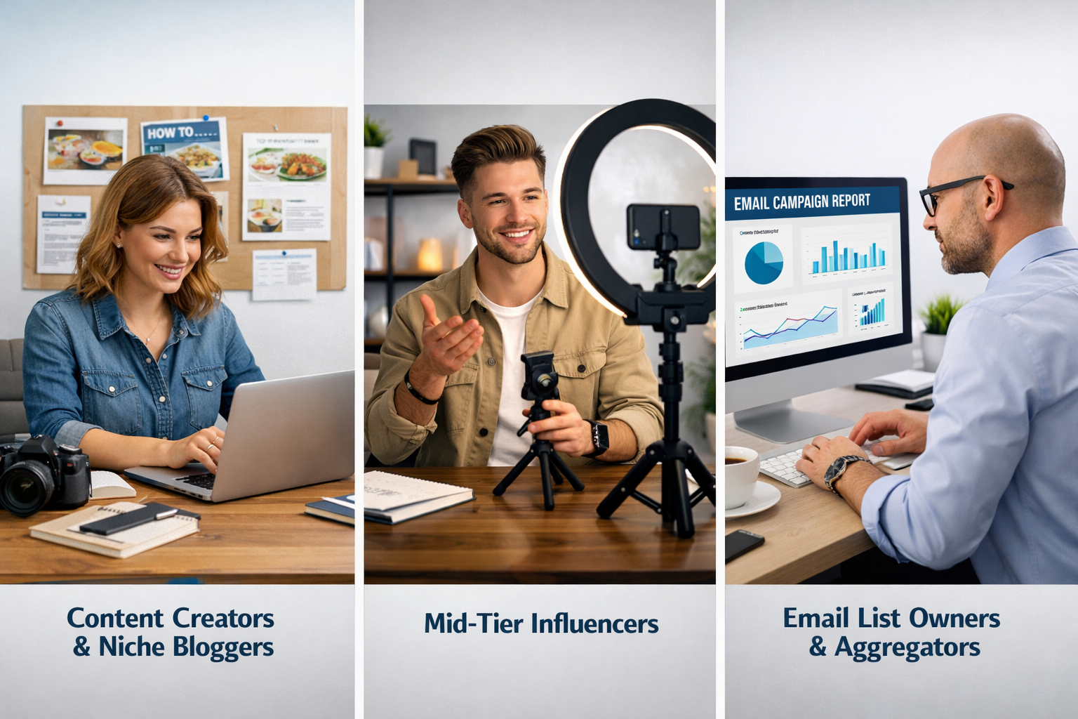 Three types of affiliate partners: blogger, influencer, and email marketer