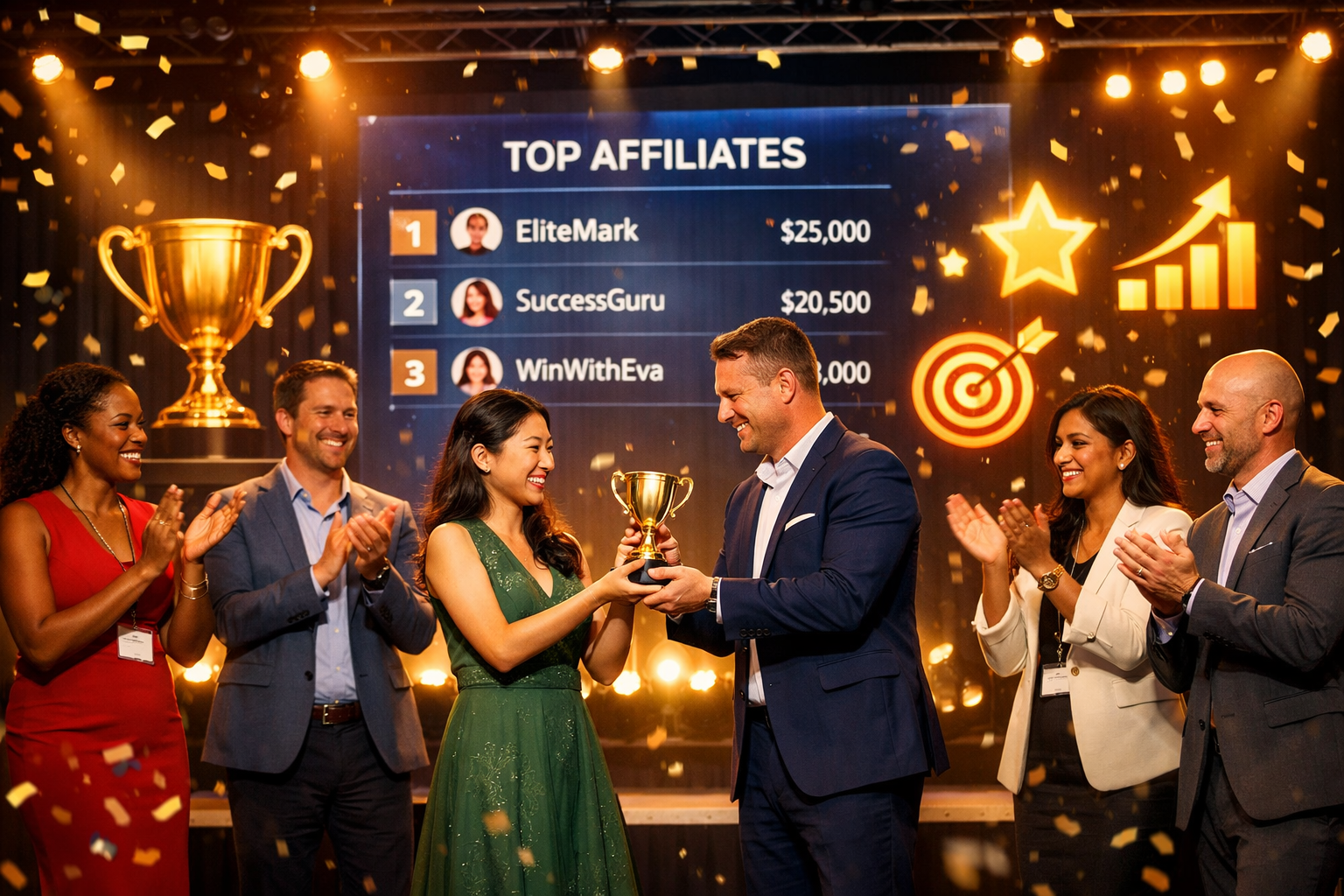 Affiliate recognition and achievement celebration event with diverse group celebrating success