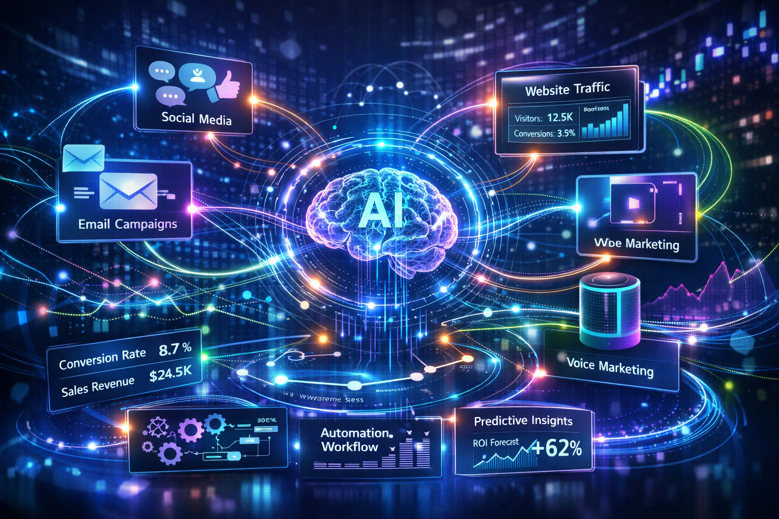 Futuristic AI-powered affiliate marketing ecosystem with integrated technologies and automation