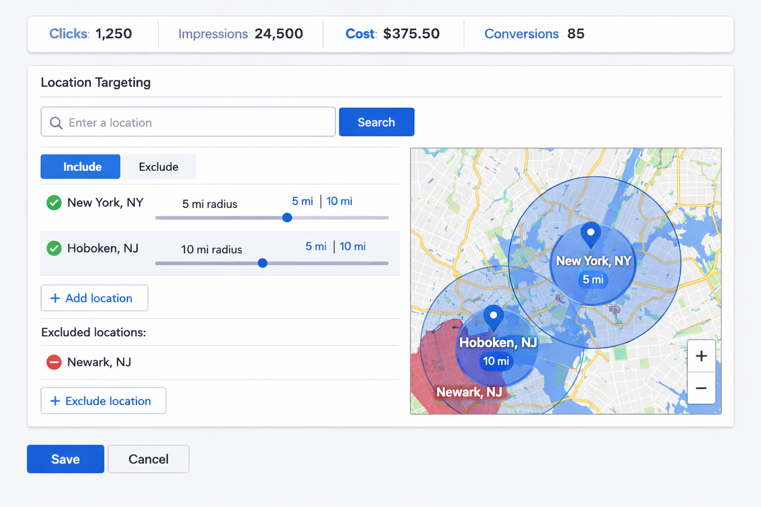 Digital advertising dashboard showing geotargeting campaign setup interface with location targeting controls
