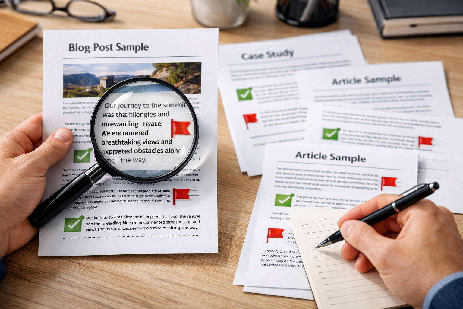 Close-up of portfolio evaluation with magnifying glass and quality indicators