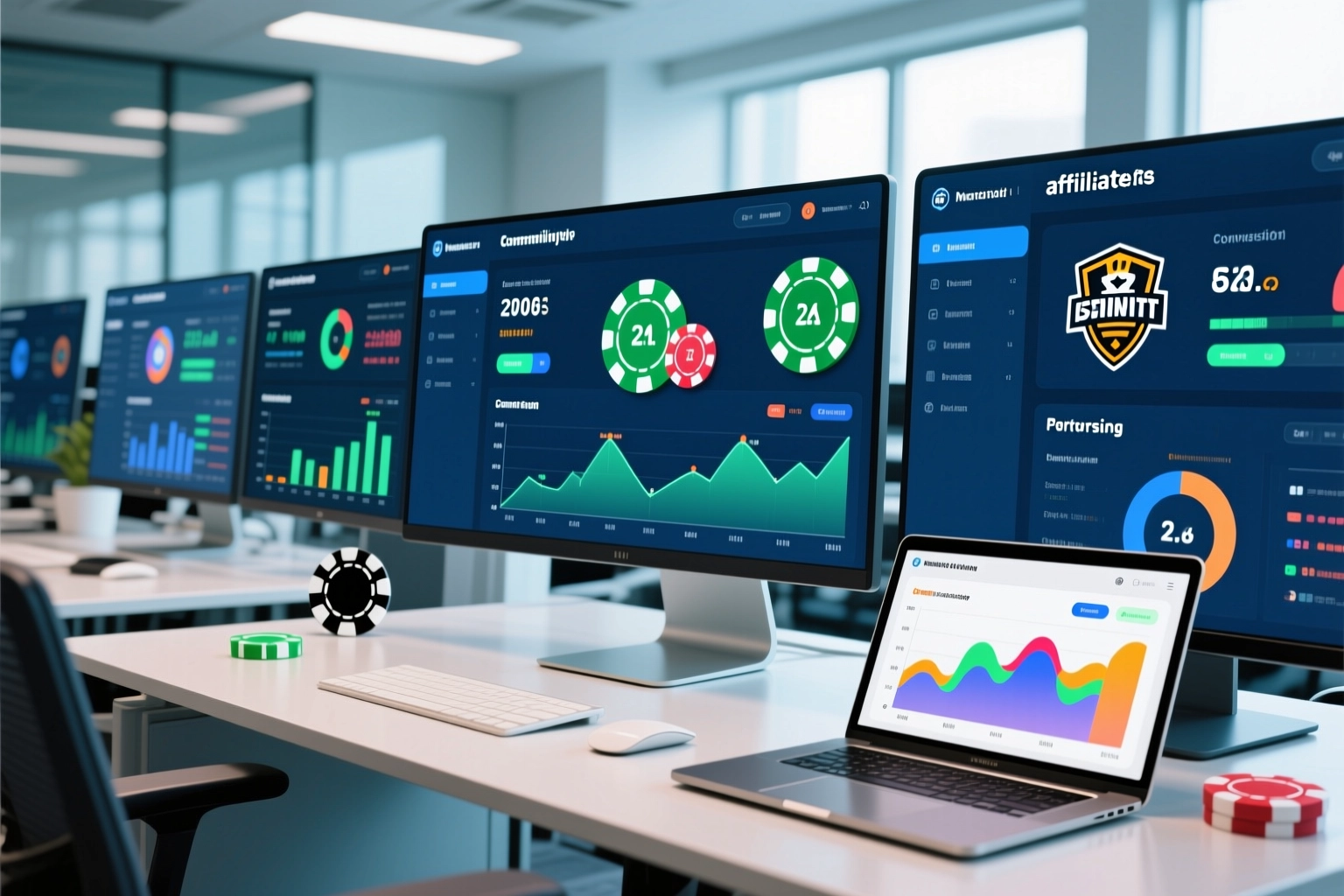 Modern affiliate marketing dashboard with poker tournament analytics and conversion metrics