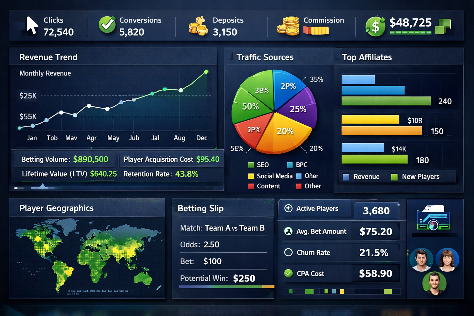 Advanced analytics dashboard showing affiliate performance metrics and real-time reporting
