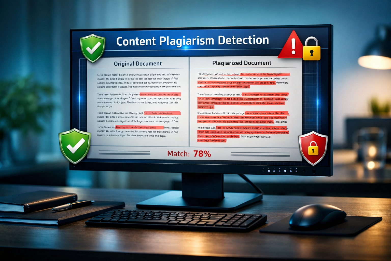 Plagiarism detection software showing content comparison and security analysis
