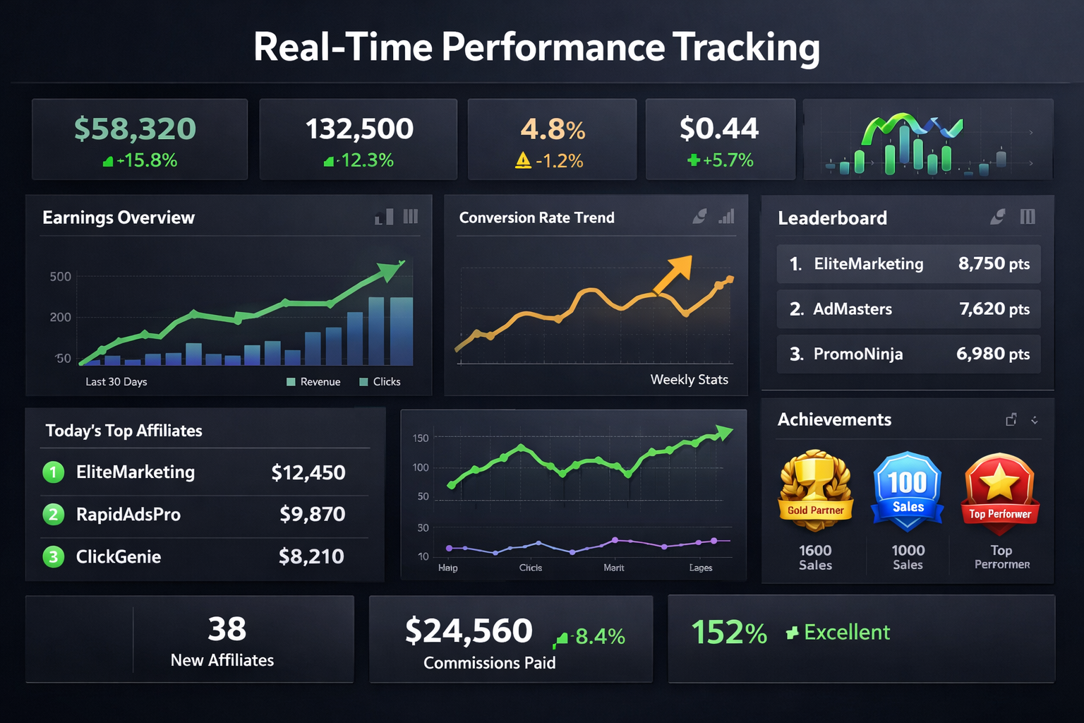 Real-time affiliate performance analytics dashboard with metrics and leaderboards