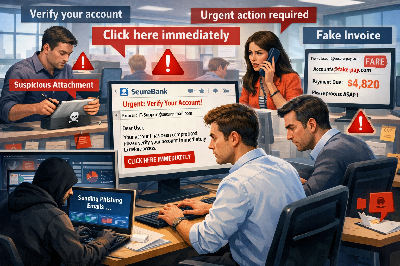 Illustration of phishing and social engineering attacks targeting SMB employees
