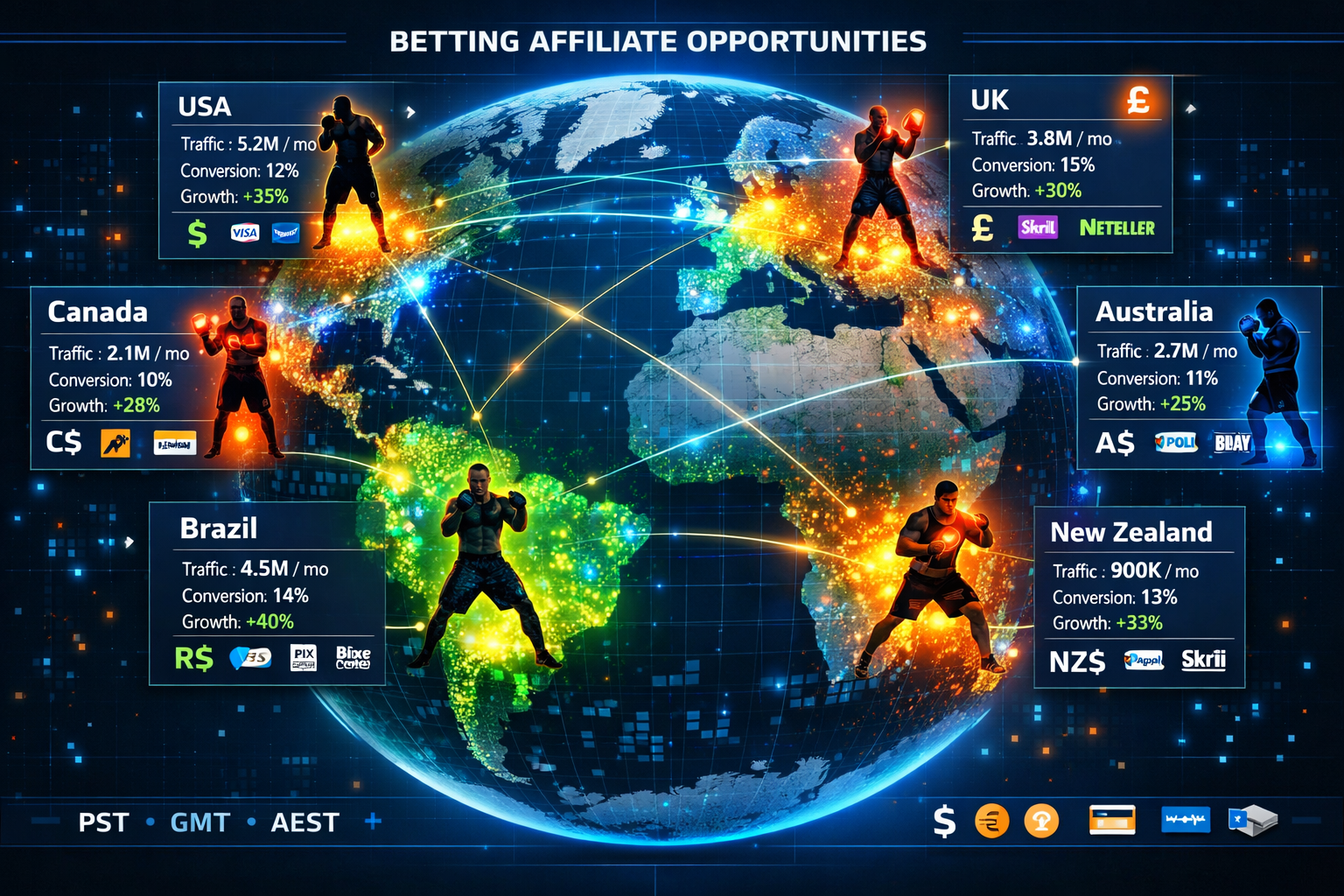 Global geographic heat map showing betting affiliate market opportunities