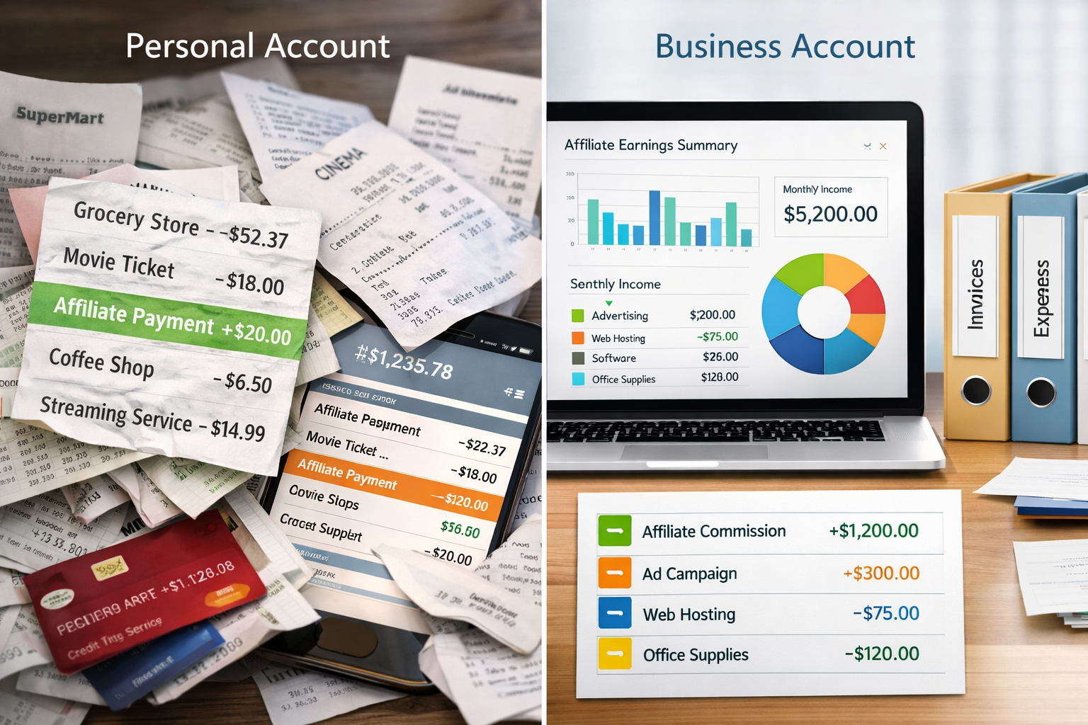 Split screen comparison of disorganized personal account versus organized business account for affiliate programs