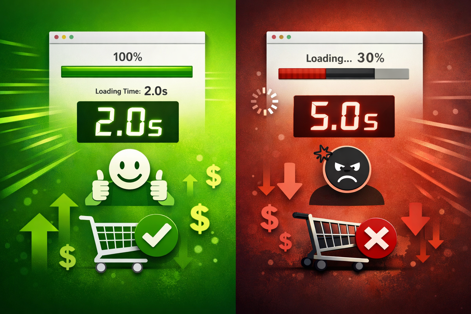 Website speed comparison showing fast vs slow loading impact on conversions