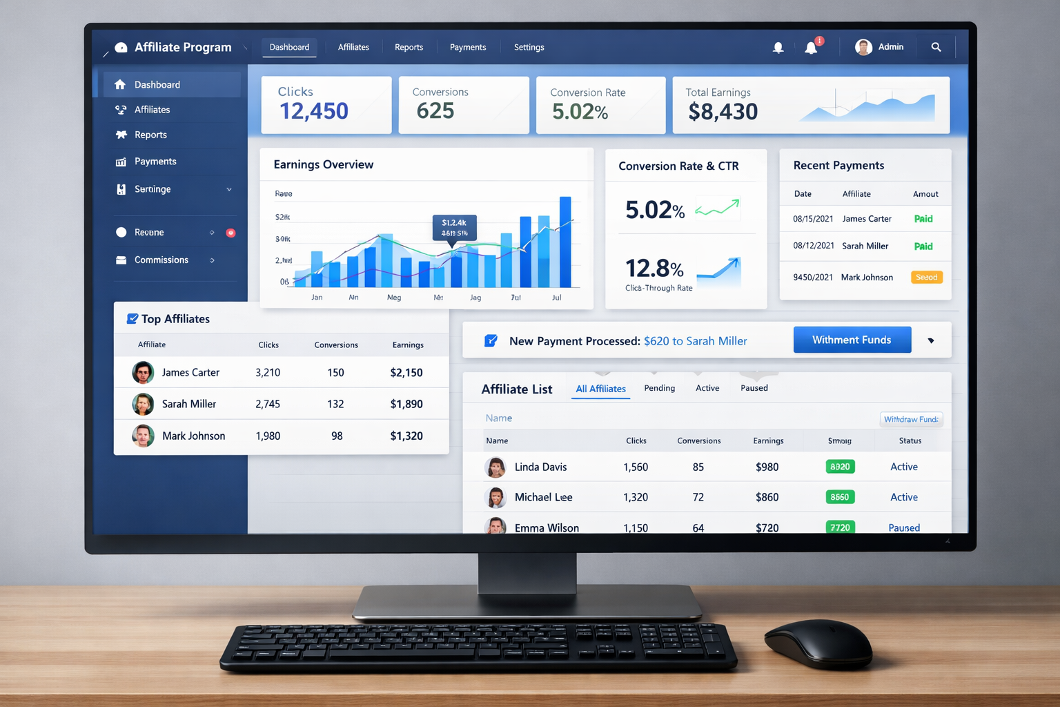 Affiliate program management dashboard interface