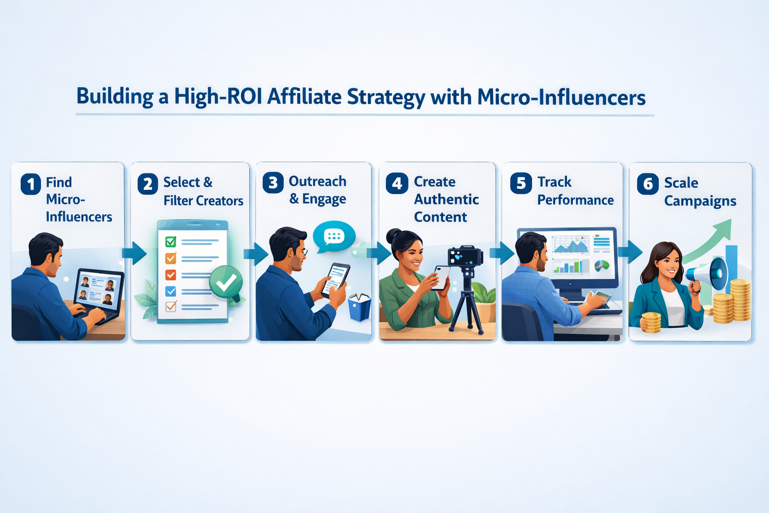 Step-by-step workflow showing the process of building a high-ROI affiliate strategy with micro-influencers