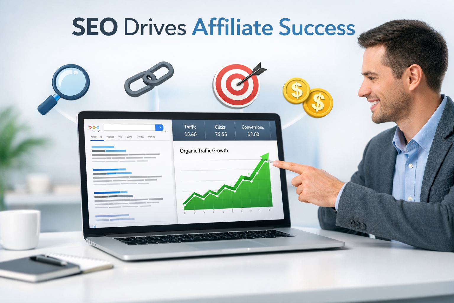 Professional digital marketing workspace showing SEO analytics and affiliate marketing success metrics