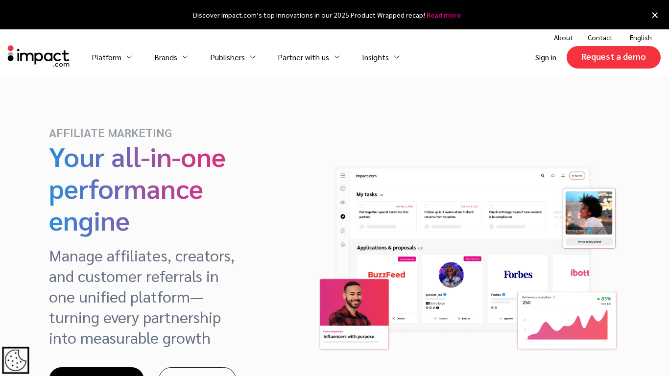 Impact affiliate management platform interface showing partnership automation and analytics