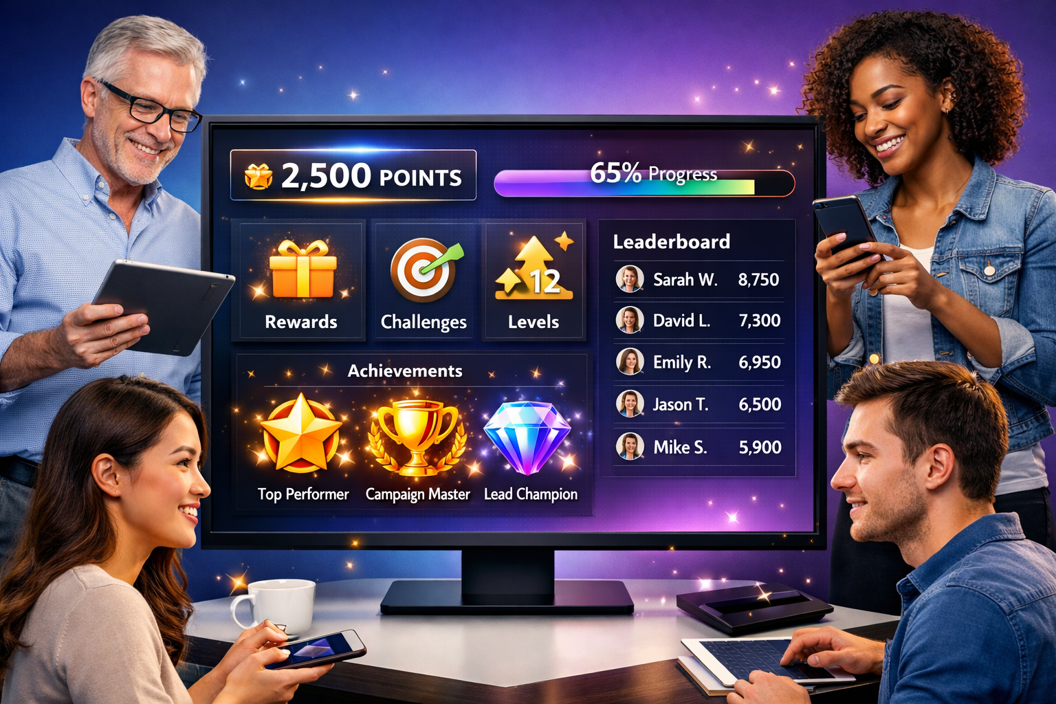 Gamification marketing dashboard with points, badges, and leaderboards