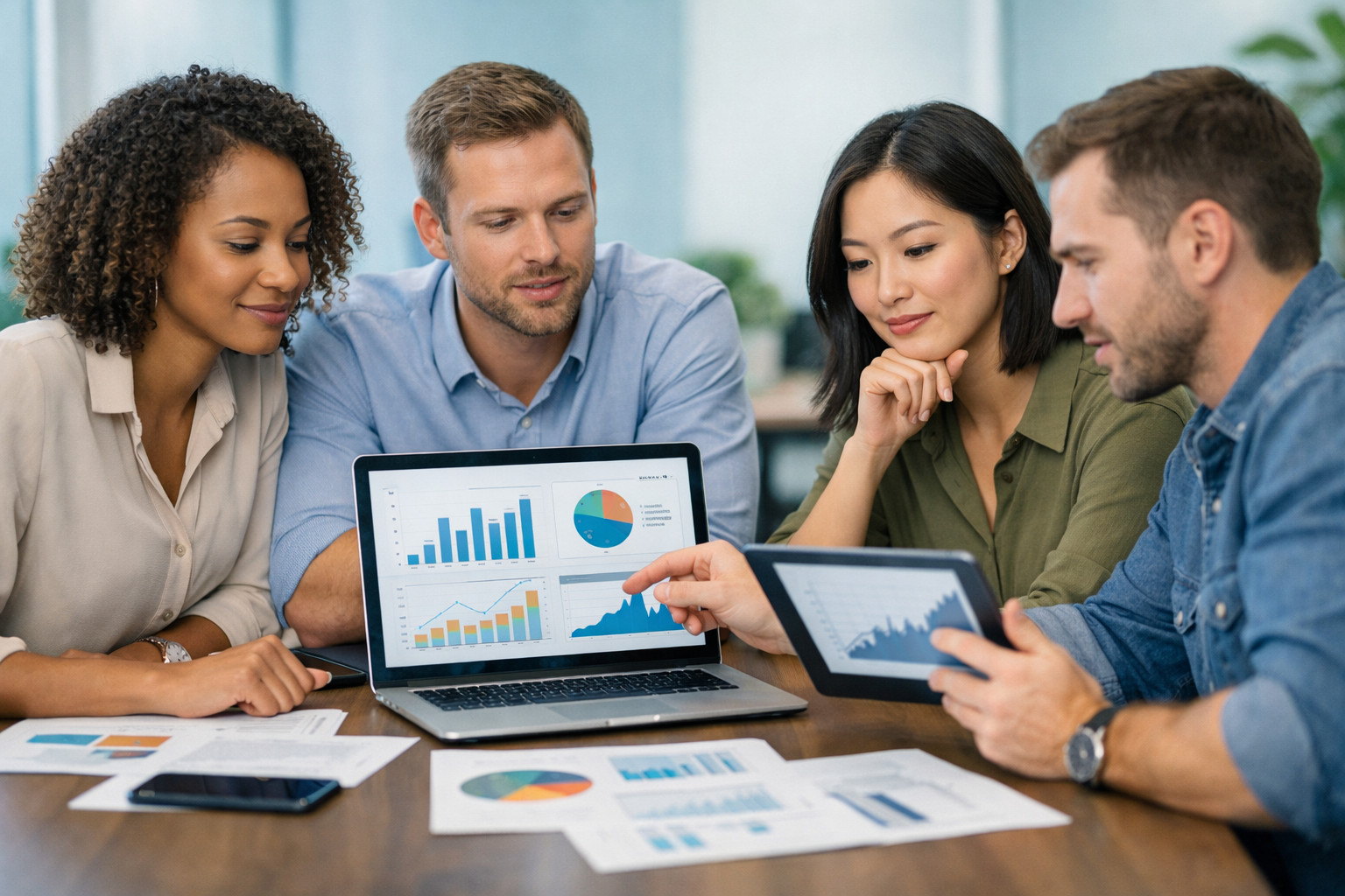 Professional team evaluating affiliate programs on laptops and tablets