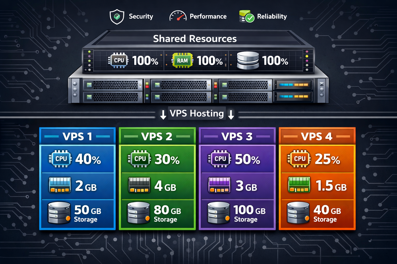 VPS hosting architecture showing isolated virtual servers with dedicated resources