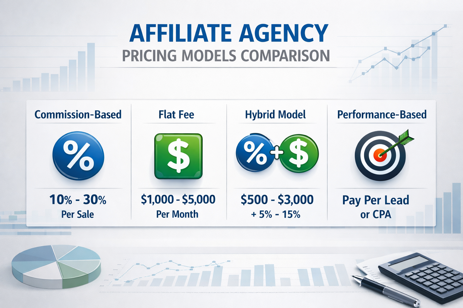 Affiliate agency pricing models comparison showing commission-based, flat fee, hybrid, and performance-based pricing structures