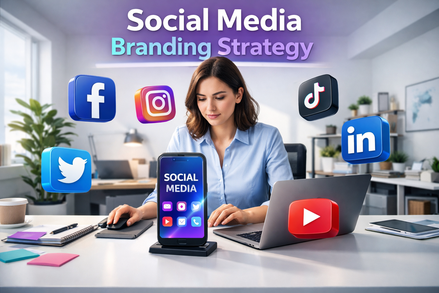 Modern digital workspace with social media branding strategy