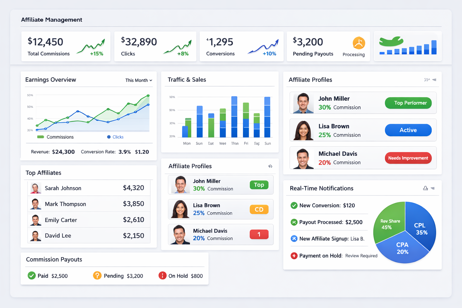 Affiliate management dashboard showing commission tracking and performance analytics